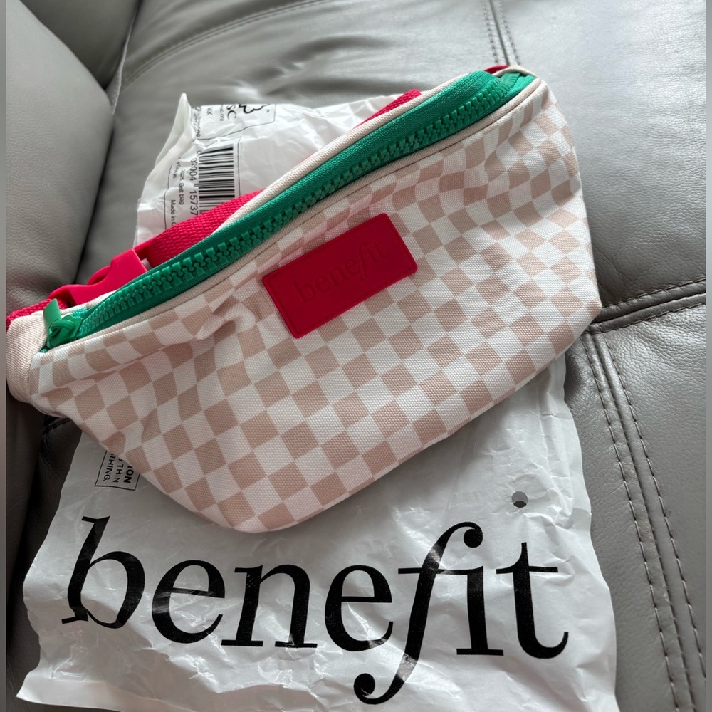 Benefit Pink and Cream Checkered Cosmetic Bag